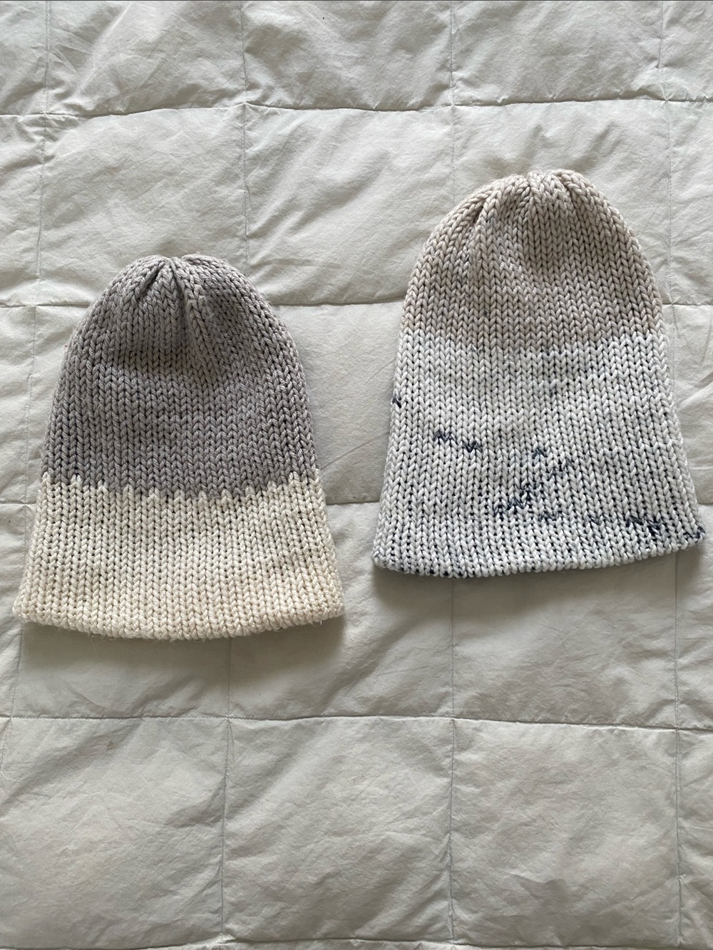Pair of 2 Handmade Reversible Two-Tone Knit Beanies - Cream & Light Gray